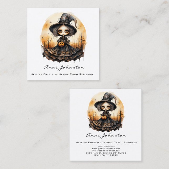Watercolor Witch Doll Halloween Square Business Card (Front/Back)