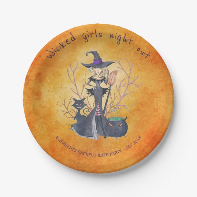 Watercolor witch Halloween bachelorette party Paper Plate (Front)