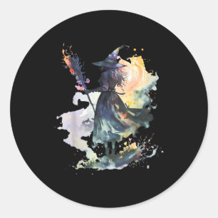 Watercolor Witch Halloween Fall Autumn Art Paintin Classic Round Sticker