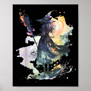 Watercolor Witch Halloween Fall Autumn Art Paintin Poster