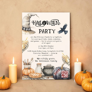 Watercolor Witch Hat Skeleton Halloween Gathering Invitation