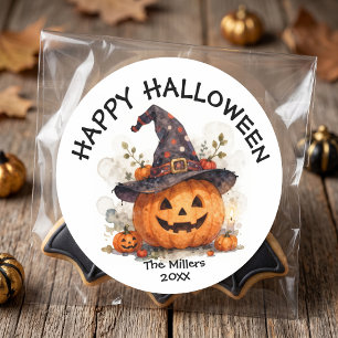 Watercolor Witch Jack O Lantern Halloween Favour Classic Round Sticker