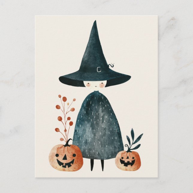 Watercolor Witch& Jack-o-lanterns Cute Halloween Postcard (Front)