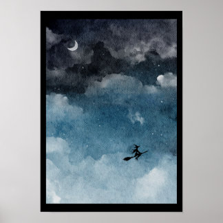 Watercolor witch on a dark night sky poster