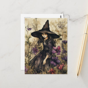 Watercolor Witch With Flowers Postcard