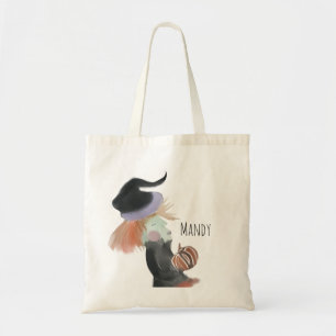 Watercolor Witch with Pumpkin Name Candy Tote Bag