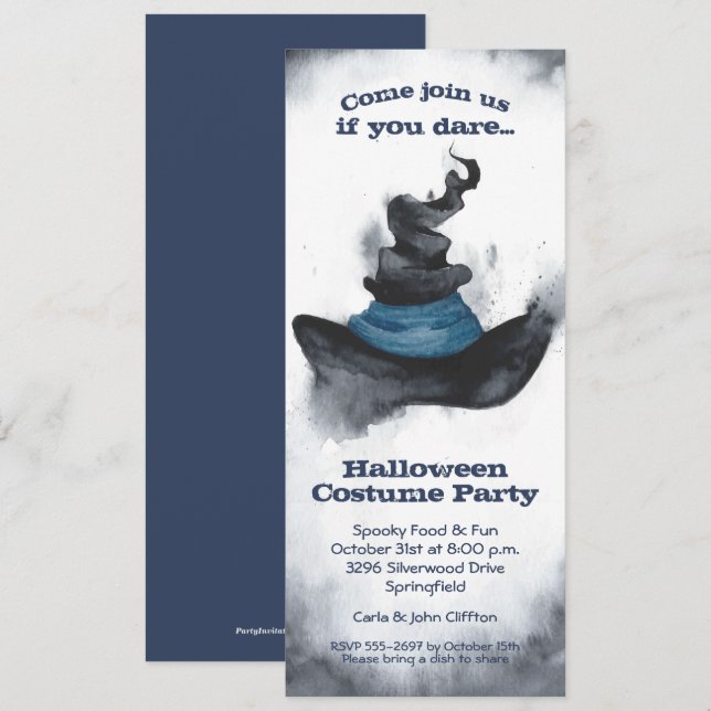 Watercolor Witch's Black Hat Halloween Invitations (Front/Back)