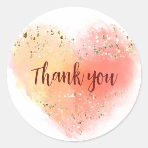 Watercolor with glitter heart & thank you classic round sticker
