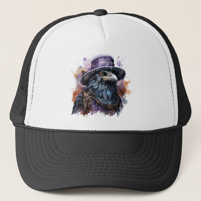 Watercolor Wizard Raven Bird Trucker Hat (Front)