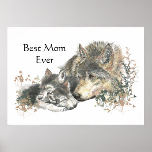 Watercolor Wolf & Cub Best Mum Ever Poster