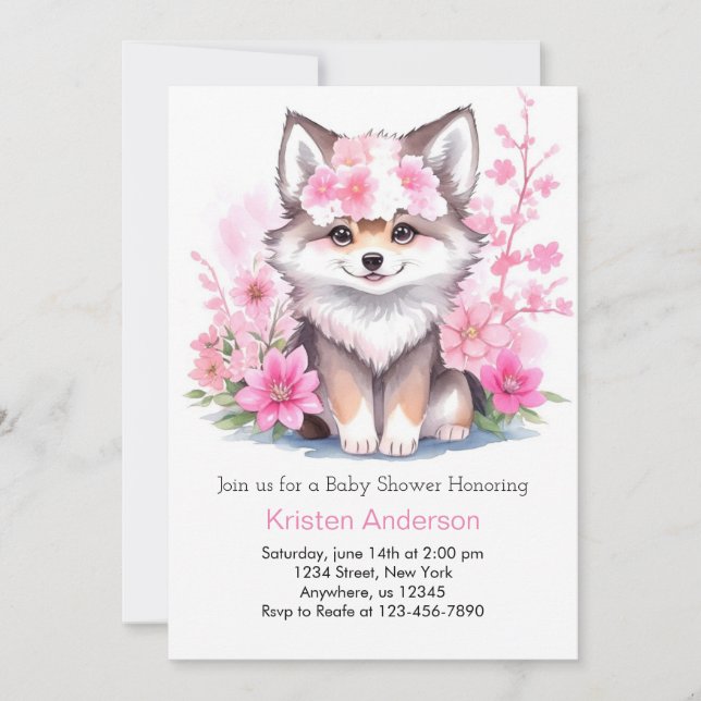 Watercolor Wolf Cub Oasis Baby Shower Invitation (Front)