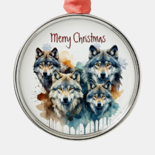 Watercolor Wolf Family Animal Wildlife Nature Art Metal Tree Decoration