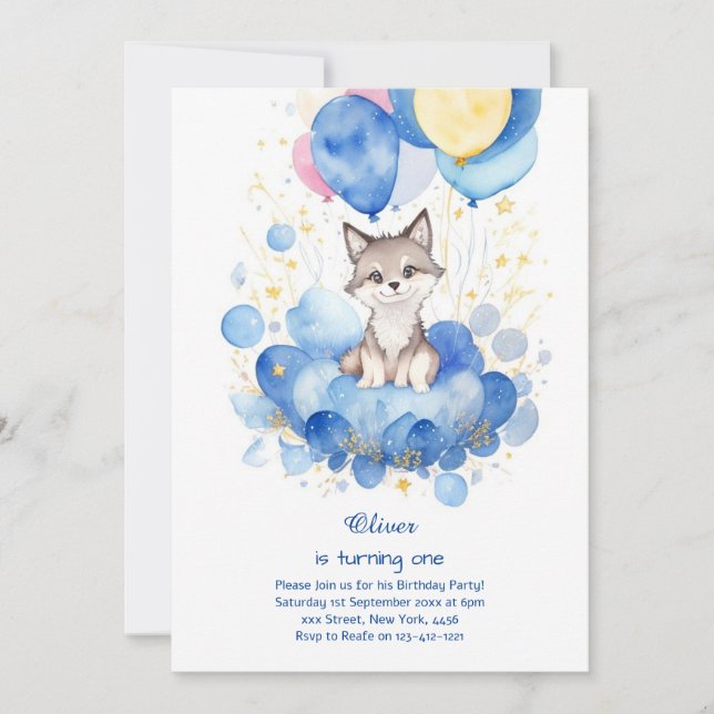 Watercolor Wolf First Birthday Invitation (Front)