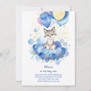 Watercolor Wolf First Birthday Invitation