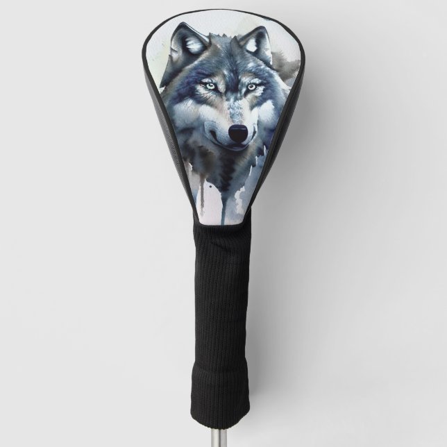 Watercolor Wolf Head Dusty Blue Golf Head Cover (Front)