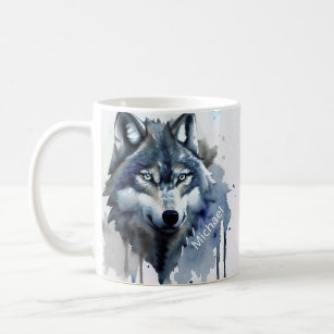 Watercolor Wolf Head Dusty Blue Monogram Coffee Mug