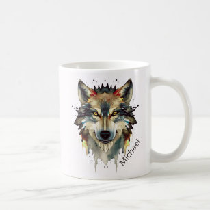 Watercolor Wolf Head Warm Colours Monogram Coffee Mug