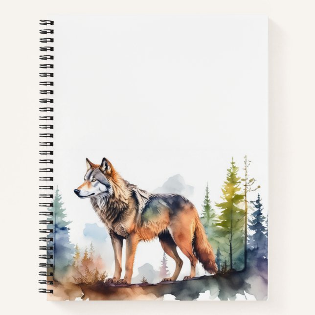 Watercolor Wolf in Forest Notebook (Front)