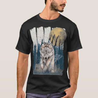 Watercolor Wolf in the Forest Full Yellow Moon T-Shirt