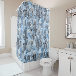 Watercolor Wolf In the Winter Night Forest Blue Shower Curtain