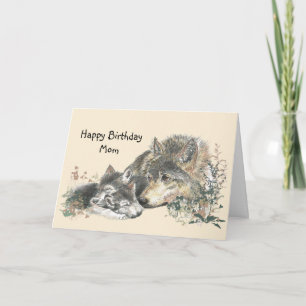 Watercolor Wolf Mother & Cubs Mom Birthday Card