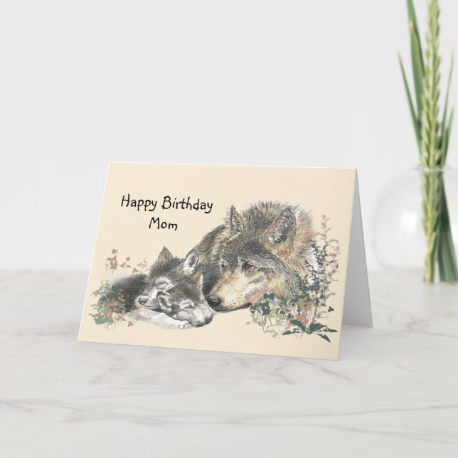 Watercolor Wolf Mother & Cubs Mom Birthday Card (Front)
