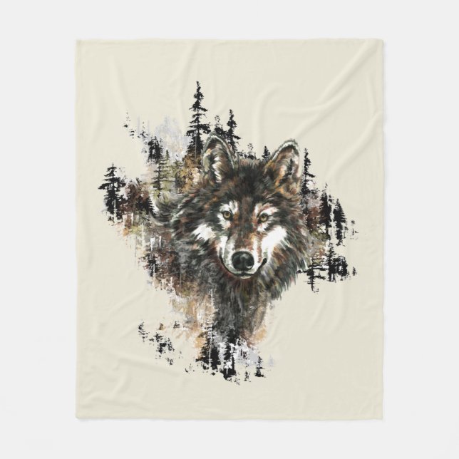Watercolor Wolf Mountain Animal Art Fleece Blanket (Front)