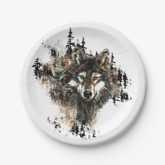 Watercolor Wolf Mountain Animal Art Paper Plate (Front)