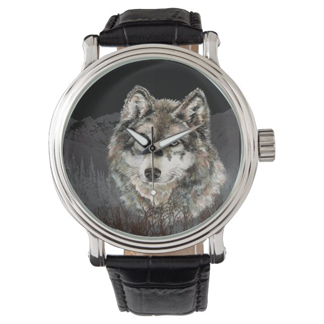 Watercolor Wolf Mountain Animal Nature Art Watch (Front)