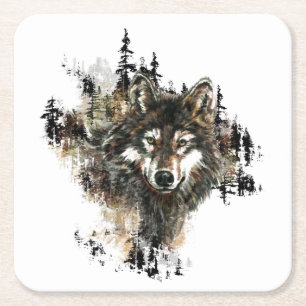 Watercolor Wolf Mountain Wilderness Animal Art Square Paper Coaster