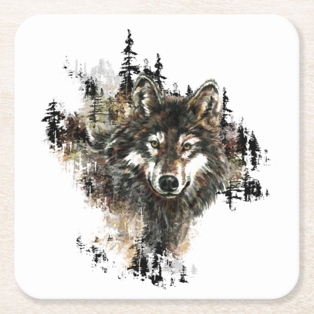 Watercolor Wolf Mountain Wilderness Animal Art Square Paper Coaster (Front)