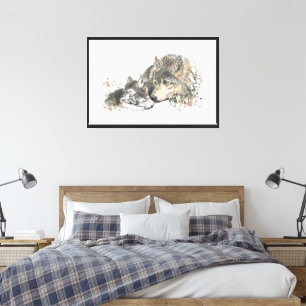 Watercolor Wolf Mum and Cubs Animal Art Canvas Print