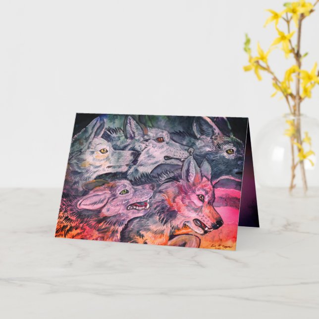 Watercolor Wolf Pack  Card (Yellow Flower)
