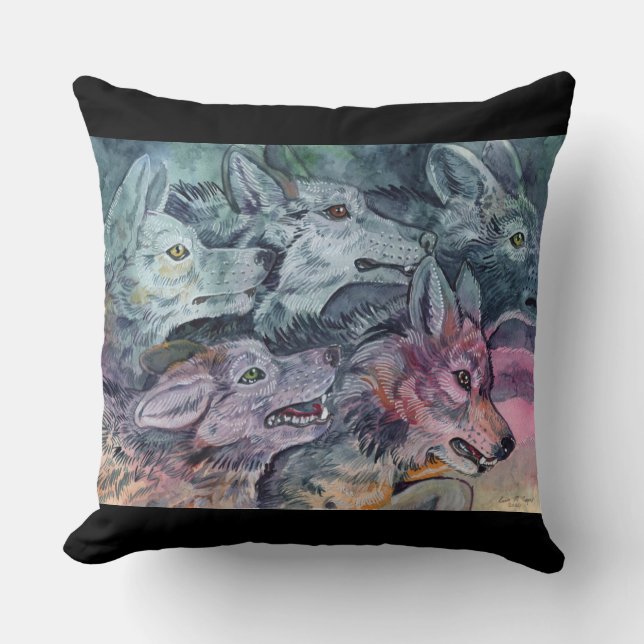 Watercolor Wolf Pack Throw Pillow (Front)