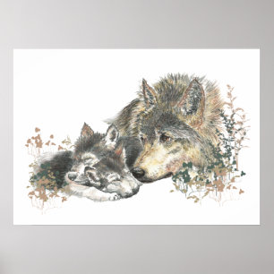 Watercolor Wolf Parent & Cub Animal Art Poster