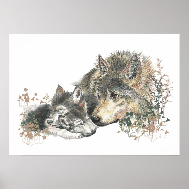 Watercolor  Wolf Parent & Cub Animal Art Poster (Front)