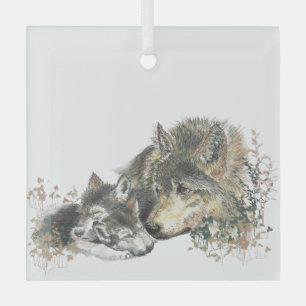 Watercolor Wolf Parent & Cub Wildlife Nature Art Glass Tree Decoration