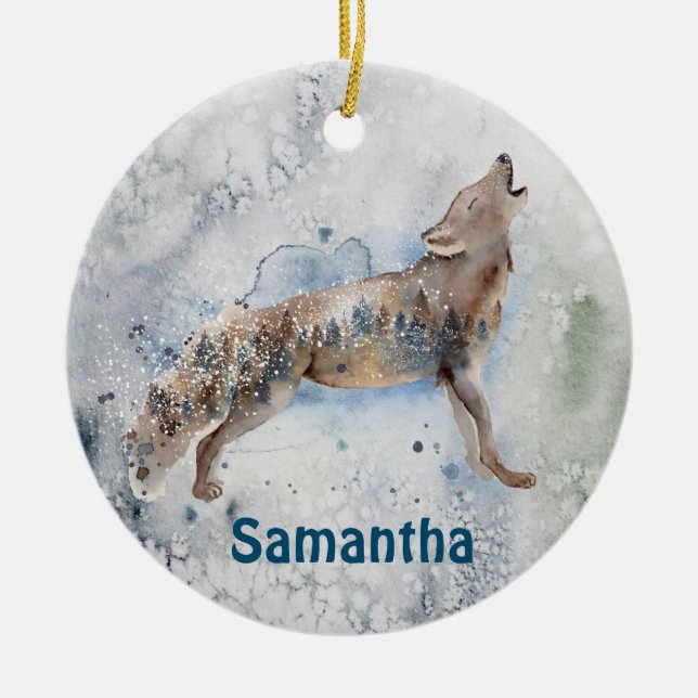 Watercolor Wolf Personalised Winter Ceramic Tree Decoration (Front)