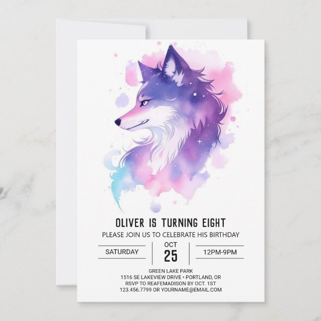 Watercolor Wolf Pup Birthday Celebration Invitation (Front)