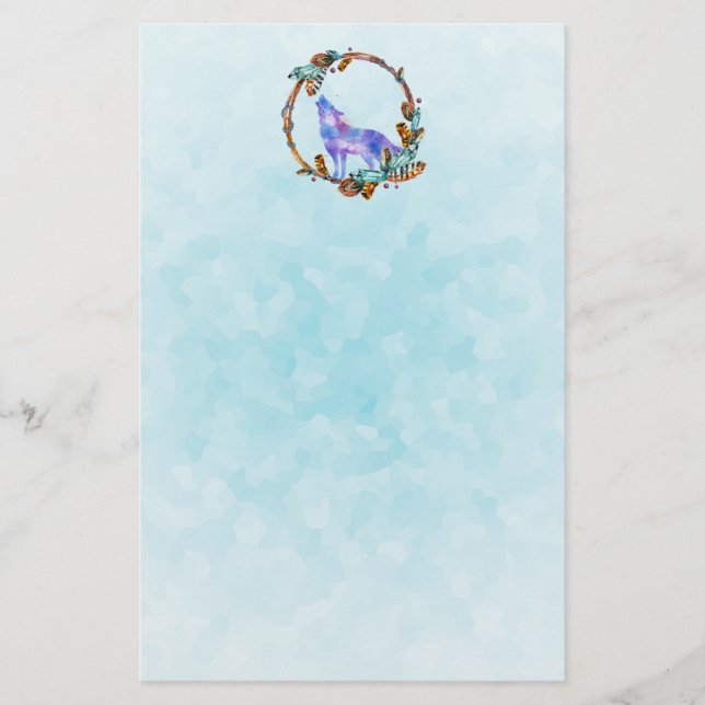 Watercolor Wolf Standing in a Boho Style Wreath Stationery (Front)