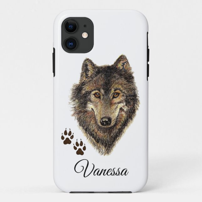Watercolor Wolf & Tracks Custom Name Case-Mate iPhone Case (Back)