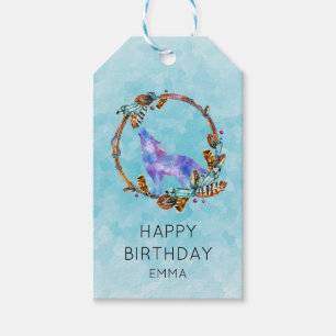 Watercolor Wolf with a Boho Style Wreath Birthday Gift Tags