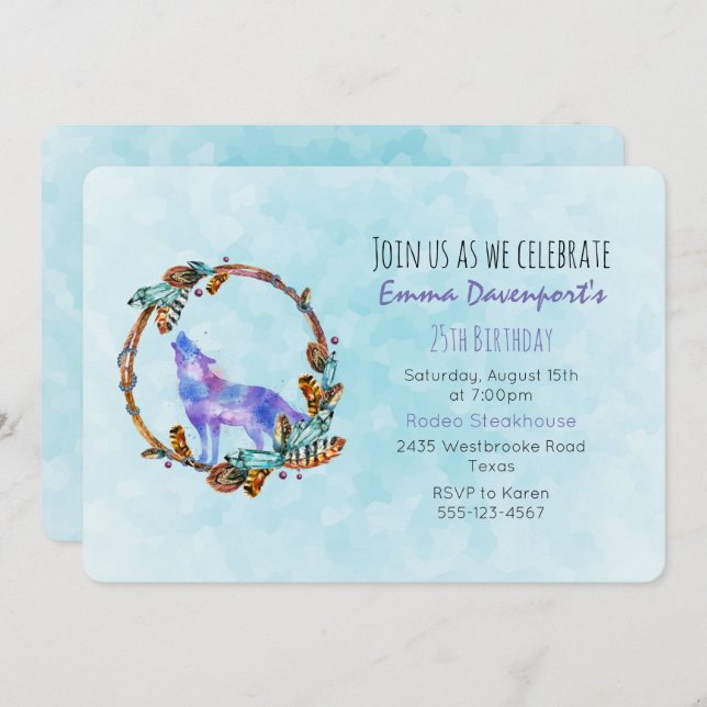 Watercolor Wolf with a Boho Style Wreath Birthday Invitation (Front/Back)
