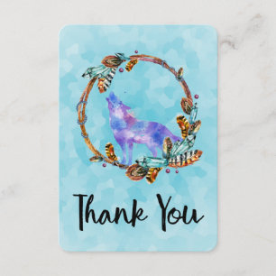 Watercolor Wolf with a Boho Style Wreath Thank You Card