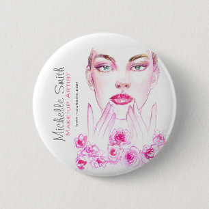 Watercolor woman and roses beauty salon branding 6 cm round badge