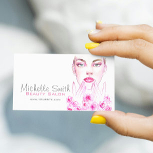 Watercolor woman and roses beauty salon branding business card