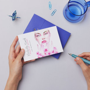 Watercolor woman and roses beauty salon branding postcard