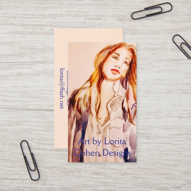 Watercolor woman business cards by Lorita Cohen (Front/Back In Situ)