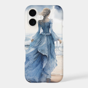 WATERCOLOR WOMAN IN BLUE DRESS ON THE BEACH