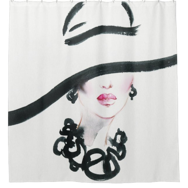 Watercolor woman portrait, abstract fashion illust shower curtain (Front)